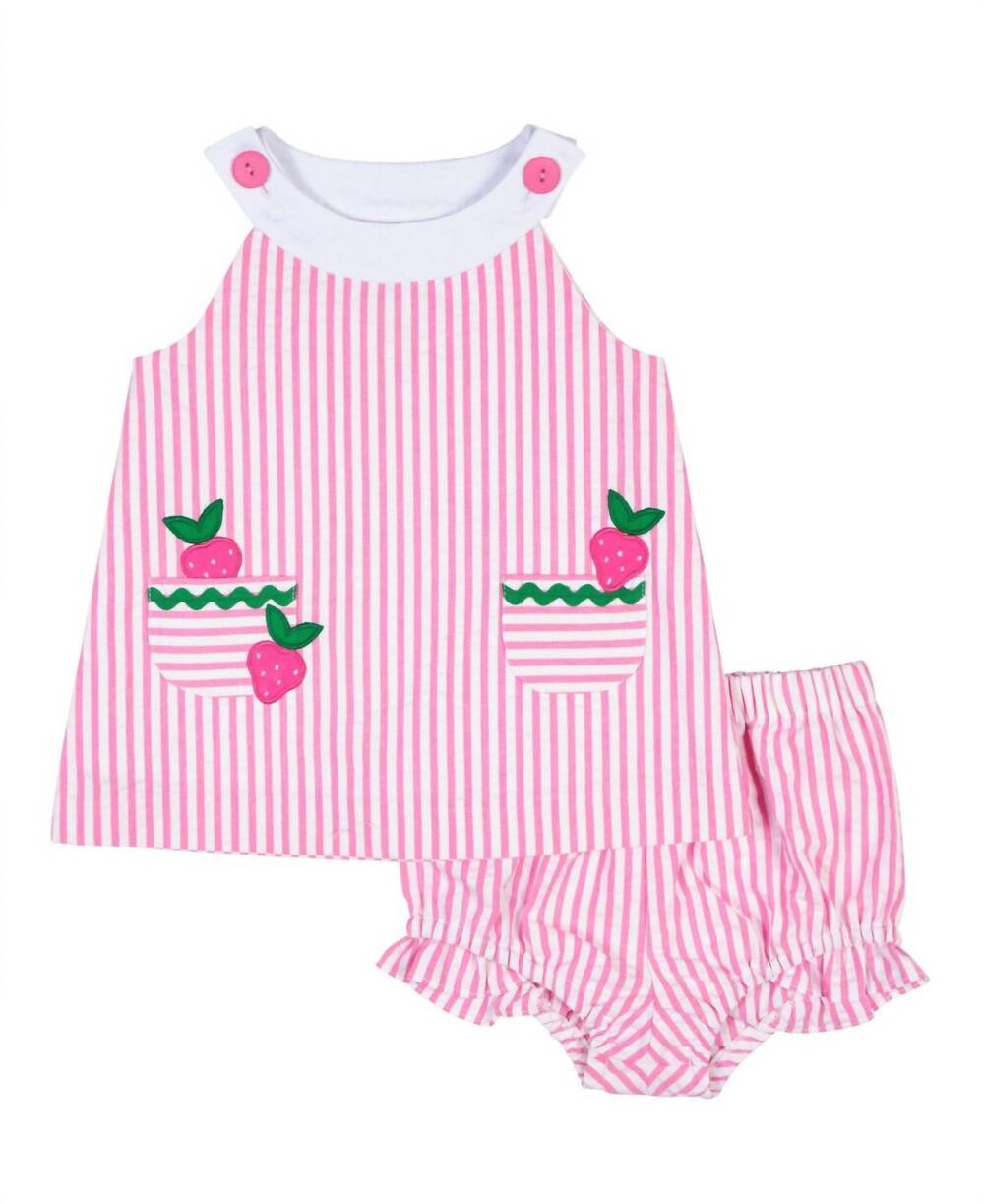 NEW FLORENCE EISEMAN girls strawberries seersucker dress with bloomer in hot pin